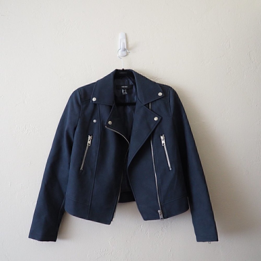 Forever 21 Grey Faux Suede Moto Jacket sz S - Picture 11 of 13